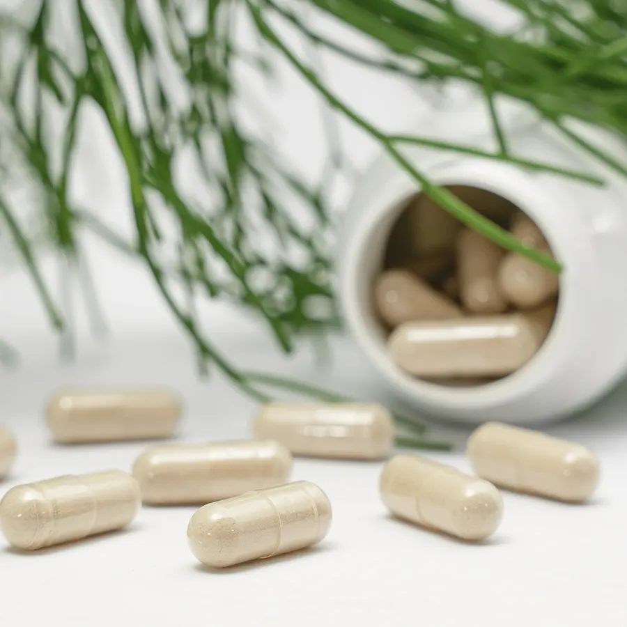 Beige herbal capsules spilling from a white bottle beneath fine green fronds